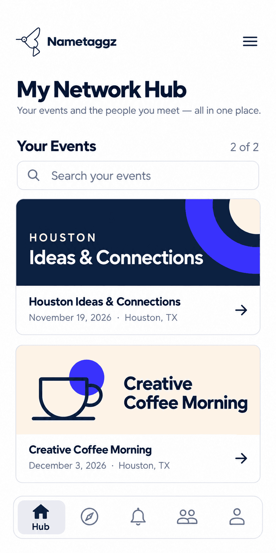 My Network Hub showing fictional Houston Ideas & Connections and Creative Coffee Morning events with simplified artwork covers.