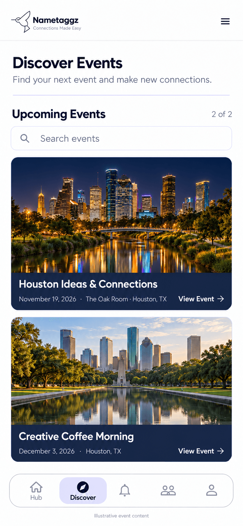 Discover Events with the Discover tab selected and two fictional event cards featuring Houston scenery.