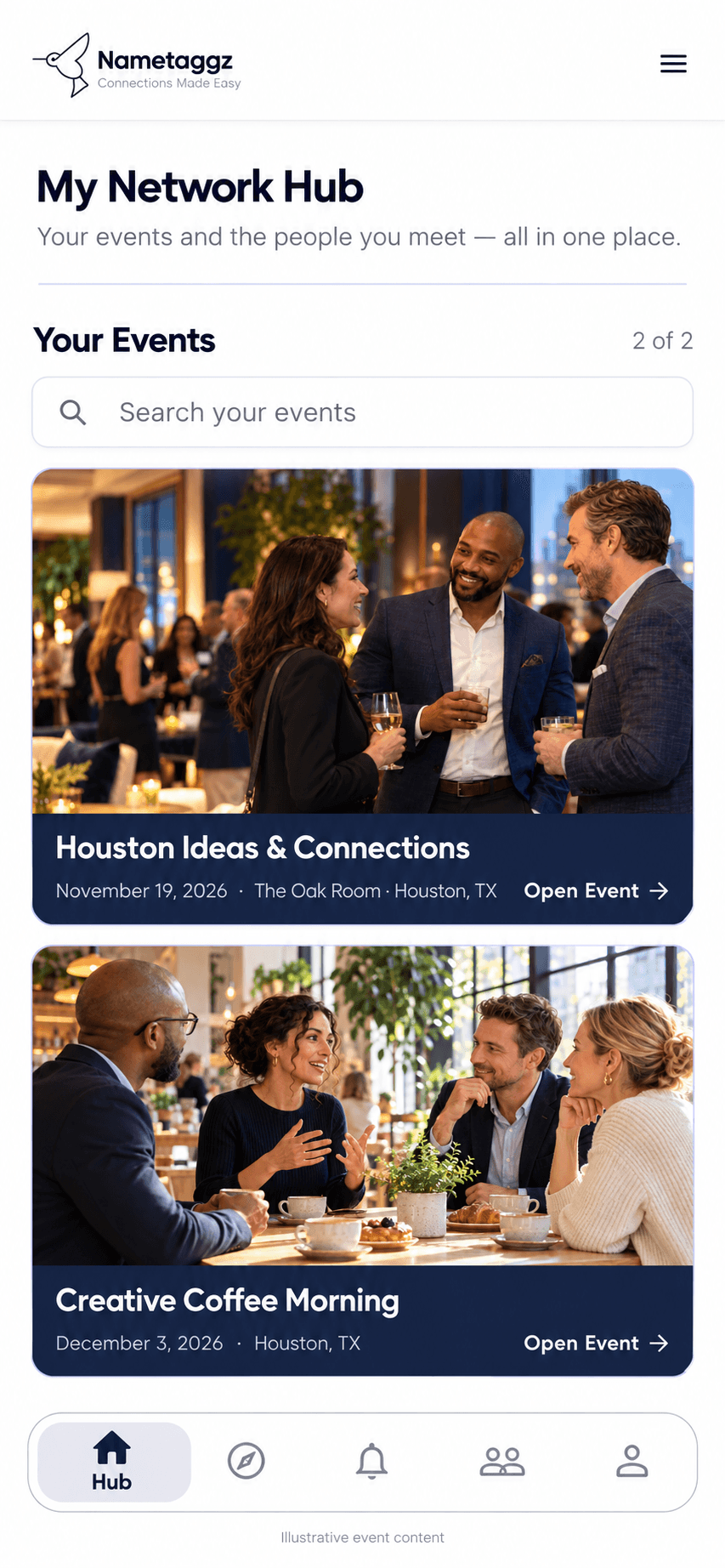 My Network Hub showing two fictional event cards with photographic covers.